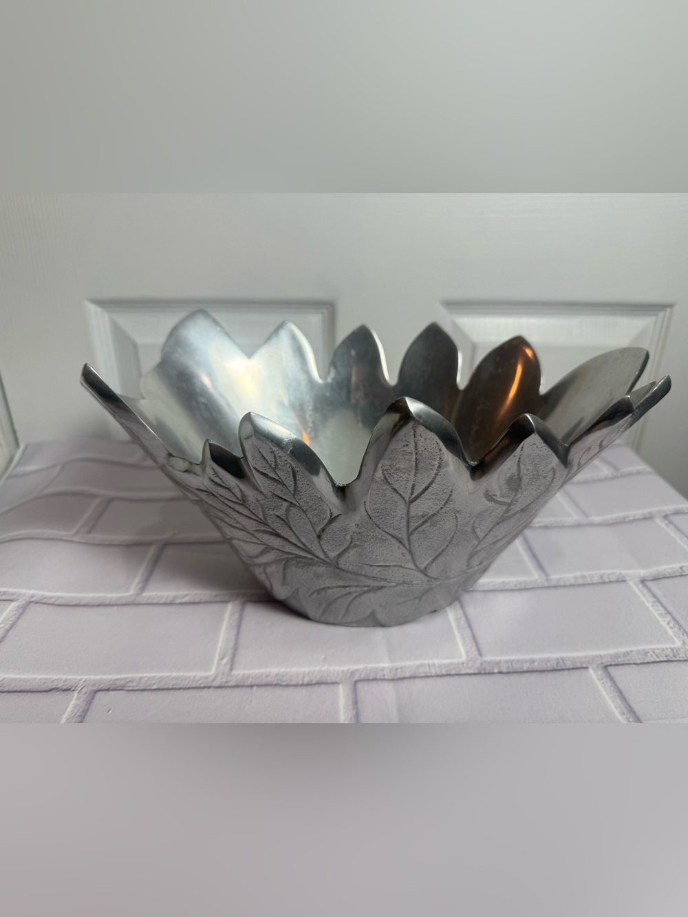 Pottery Barn Barona Silver Leaf Bowl Decorative Centerpiece 11” - Picture 3 of 13